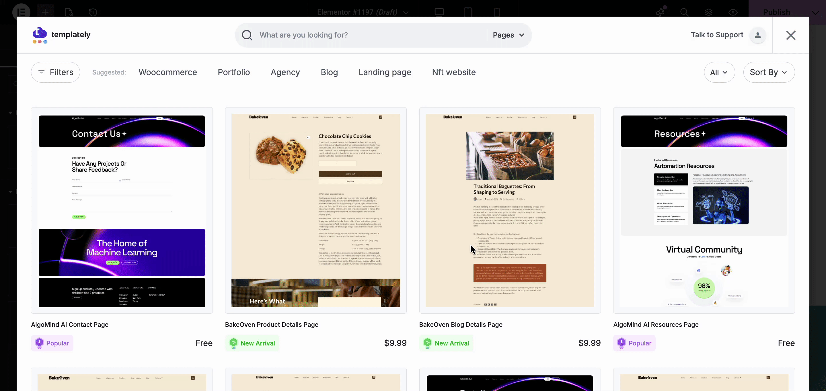 Choose template page for Elementor
