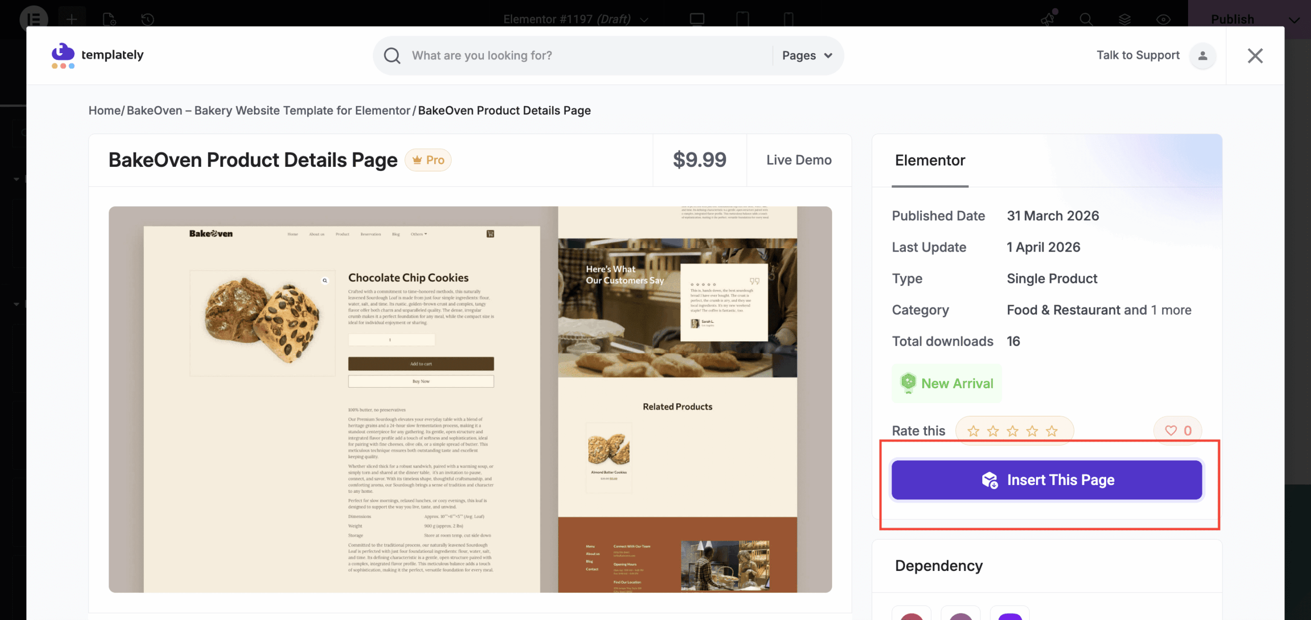 Insert the page in Elementor