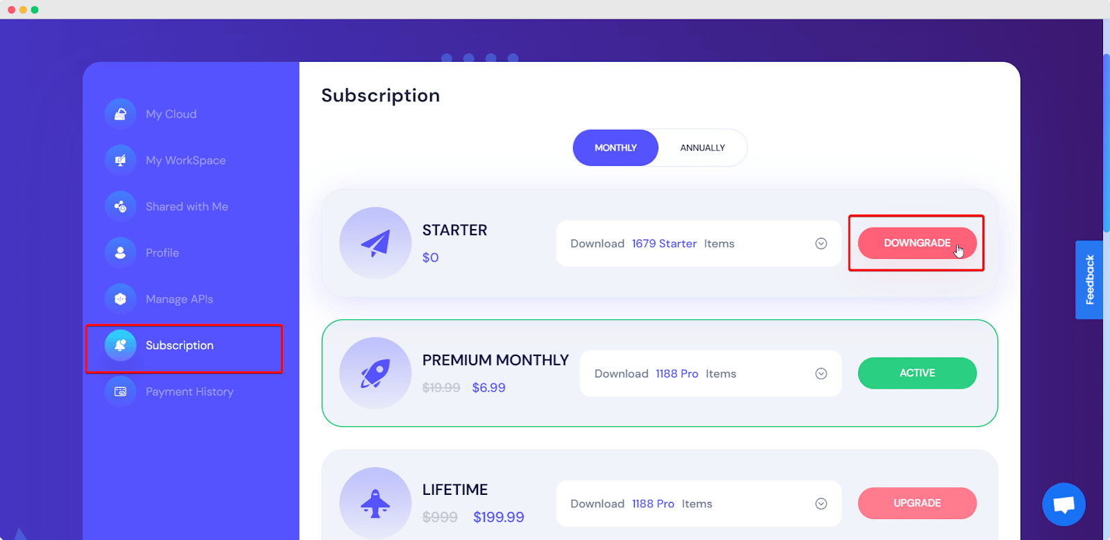 OWNGRADE CURRENT SUBSCRIPTION PLAN FOR TEMPLATELY