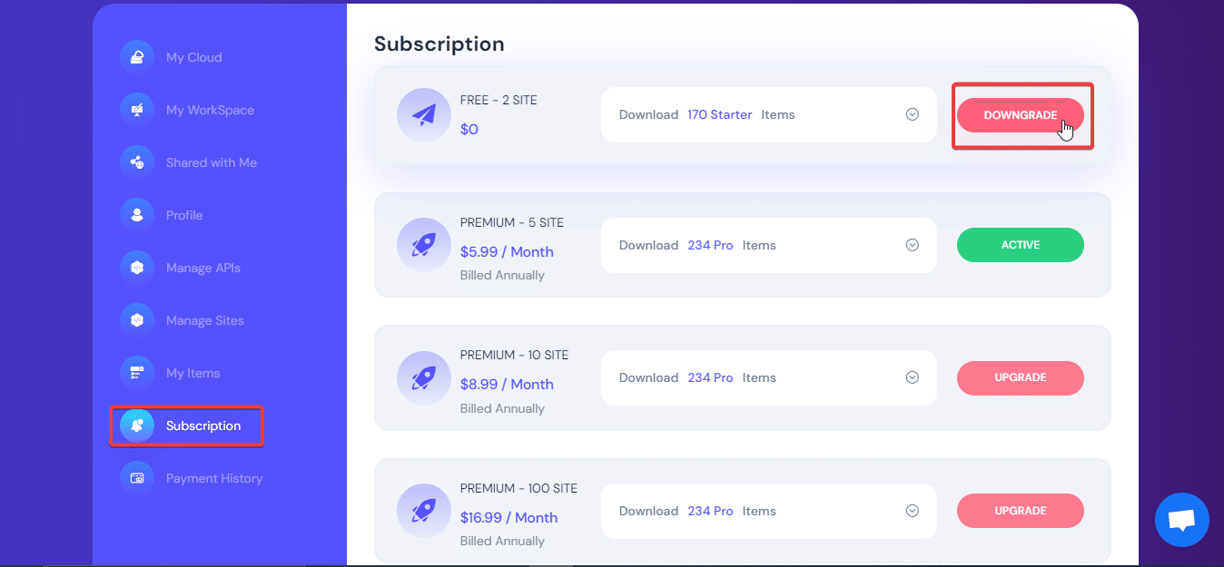 Downgrade Current Subscription Plan