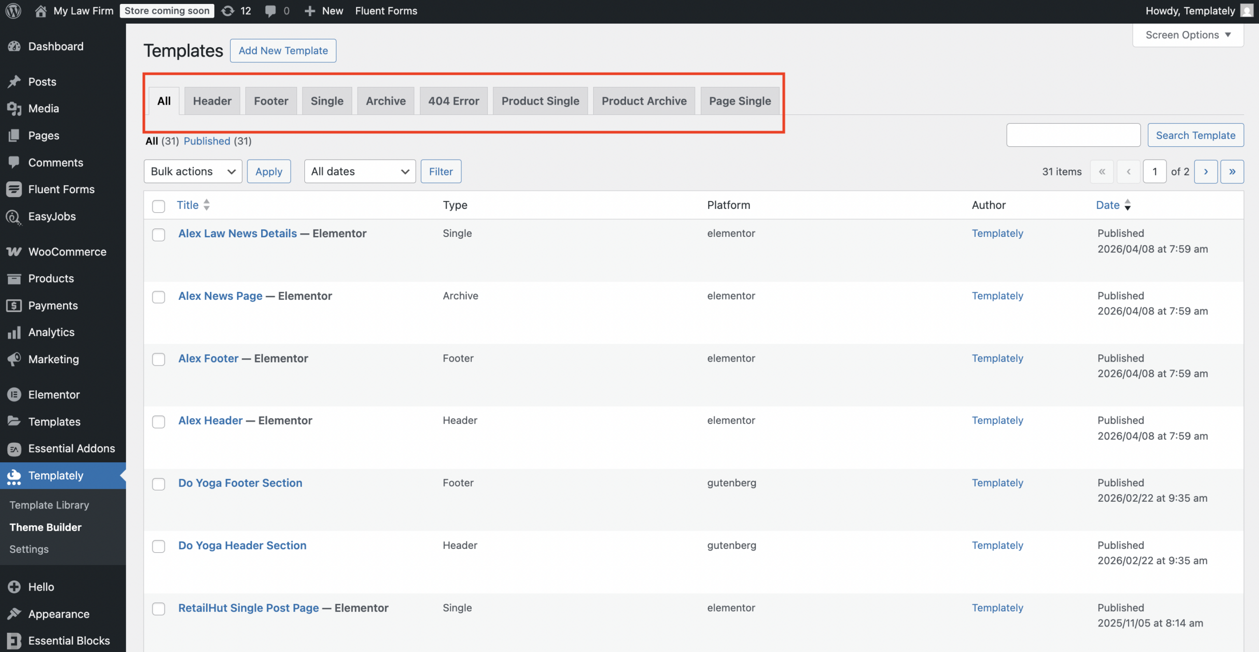 Templately Theme Section