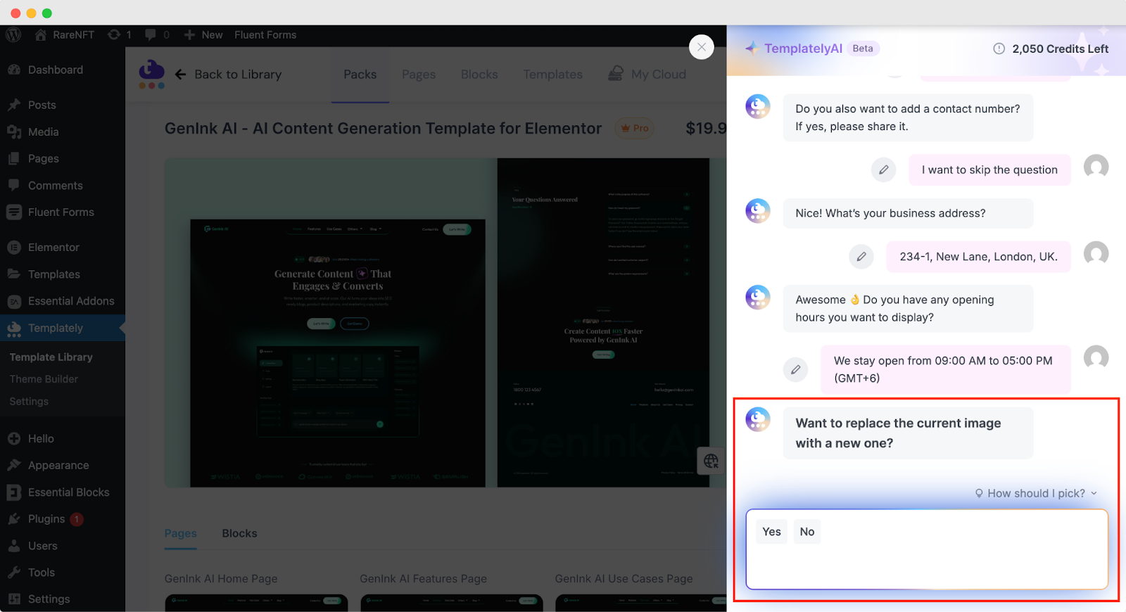 Templately AI for Website Copy & Image Replacement