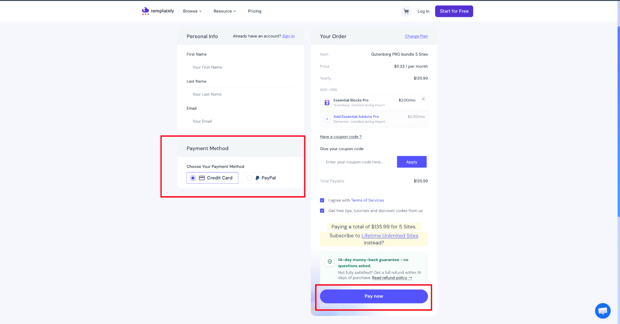 Templately checkout page with a bundle plan in the order summary