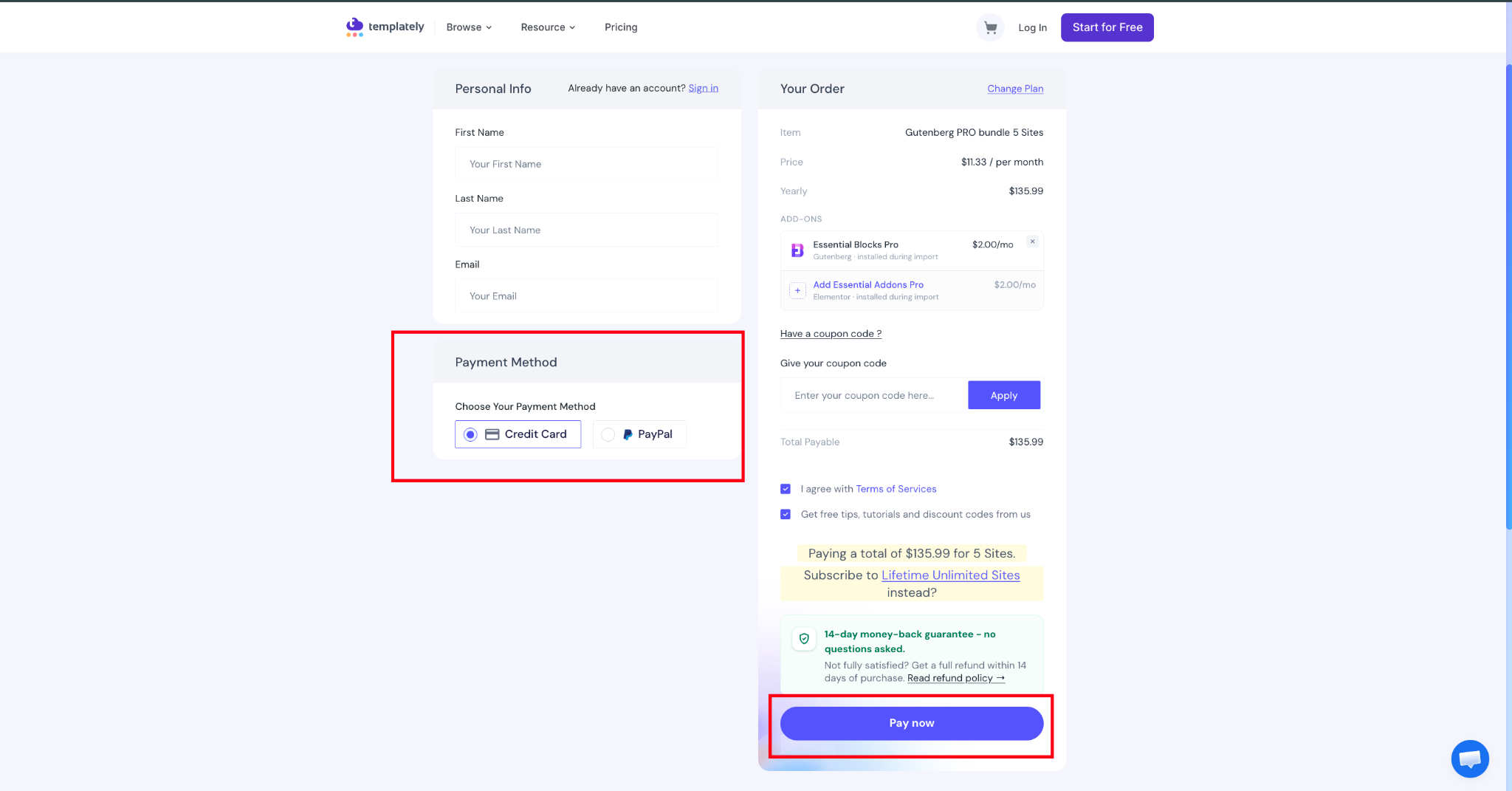 Templately checkout