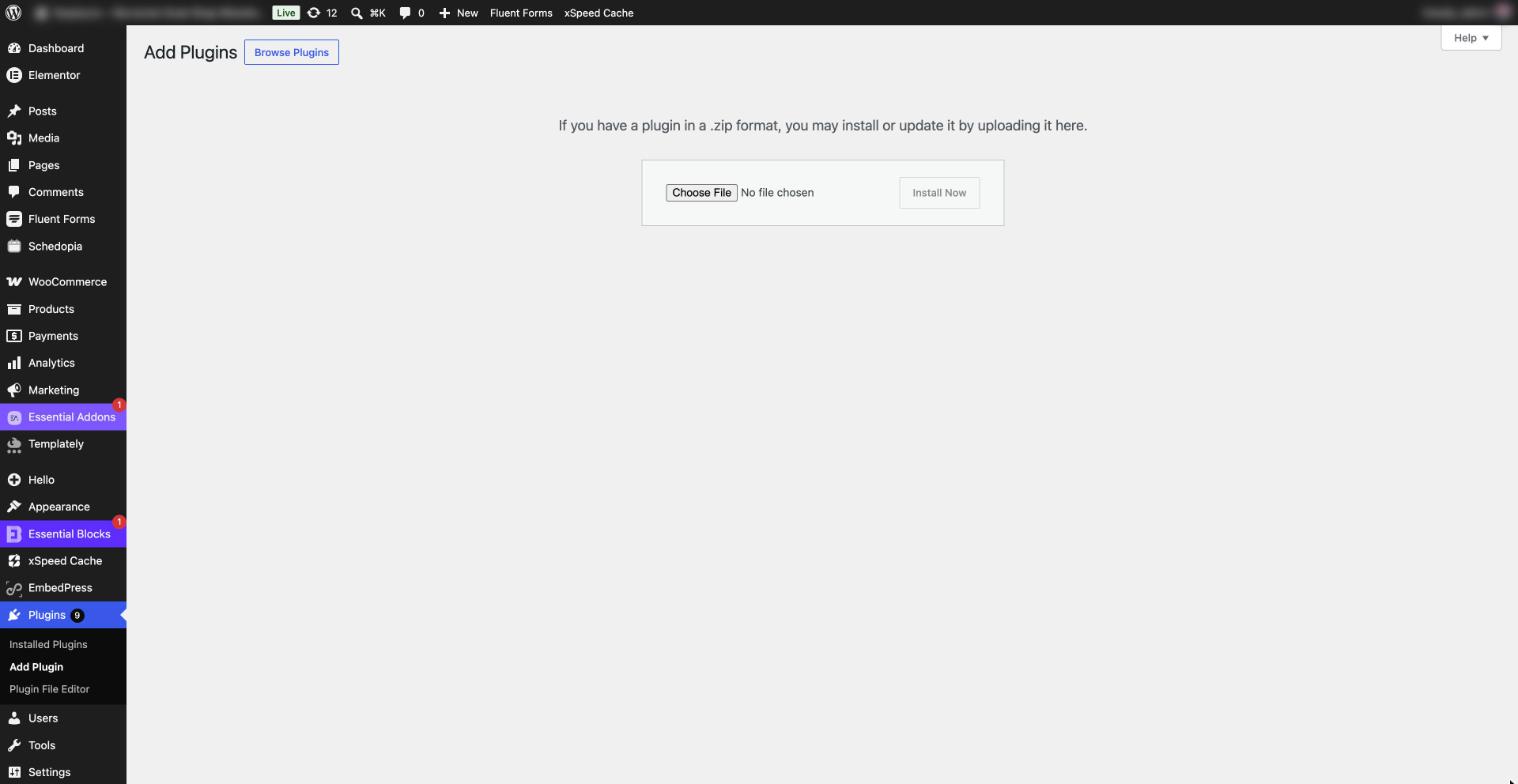 WordPress Upload Plugin screen for installing the Essential Addons Pro or Essential Blocks Pro zip file