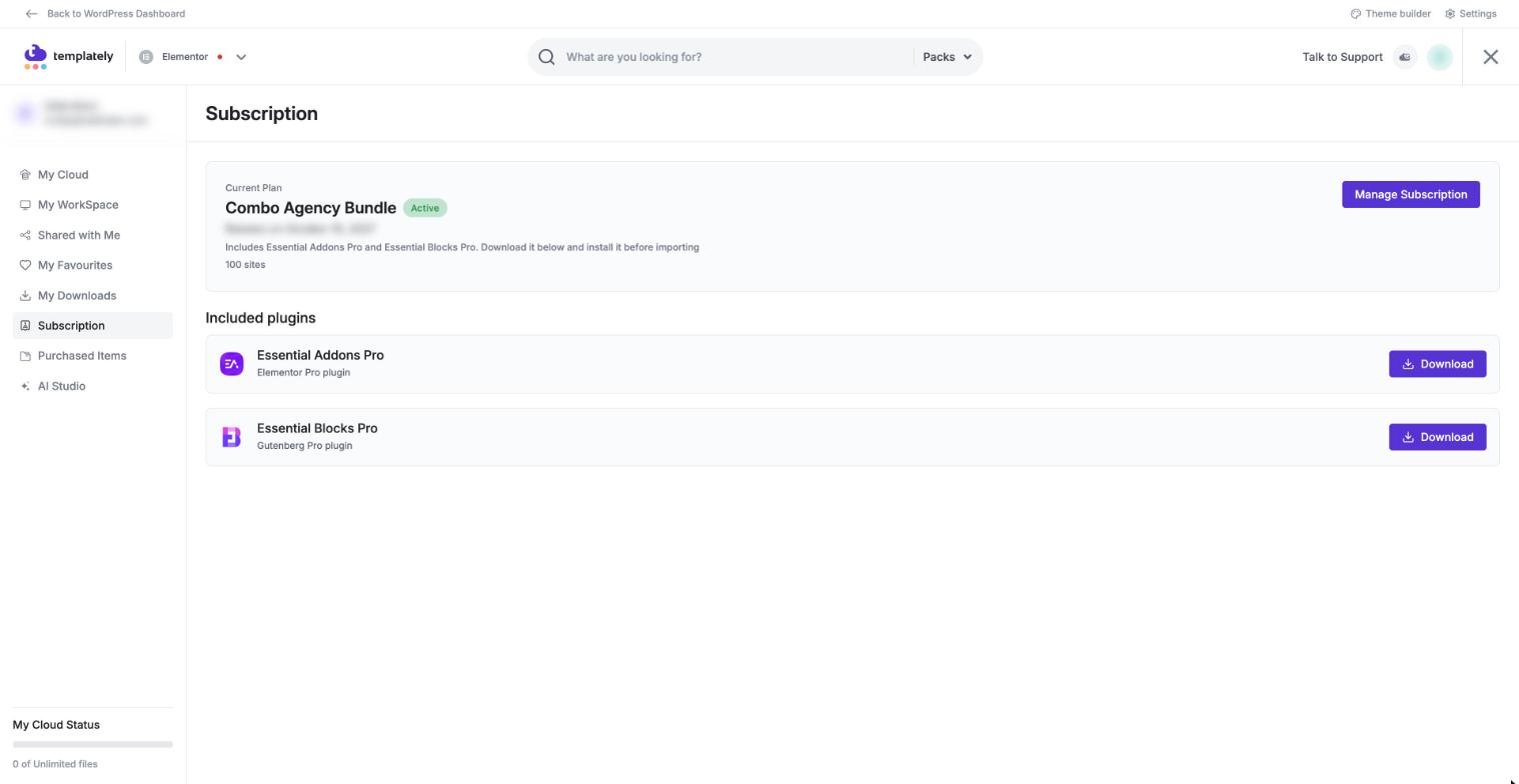 Included plugins section on the Templately Subscription page with Download buttons for Essential Addons Pro and Essential Blocks Pro